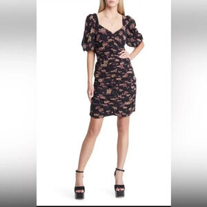 OPEN EDIT Black with pink floral print smocked puff sleeve mini dress size‎ M
